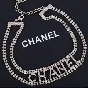 CHANEL CC Crystal Logo Silver Choker